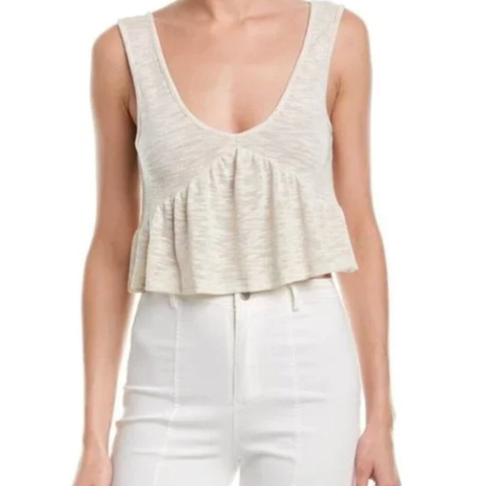BCBGGeneration Flounce Hem Linen-blend Tank Top V-neck Oatmeal Crop Top, S, NWT